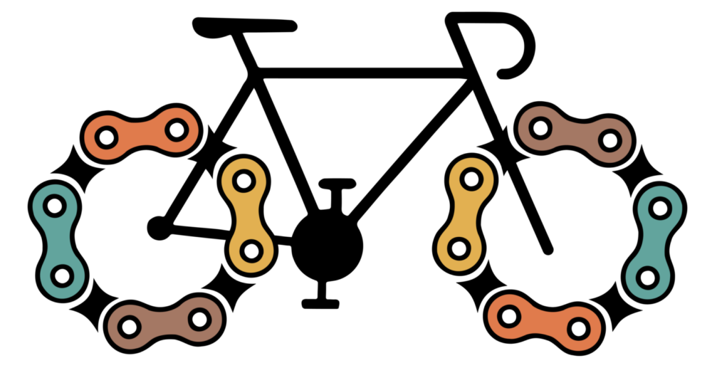 Pictogramme d’un vélo noir avec des roues formées par des maillons de chaîne multicolores (turquoise, orange, jaune, marron).
